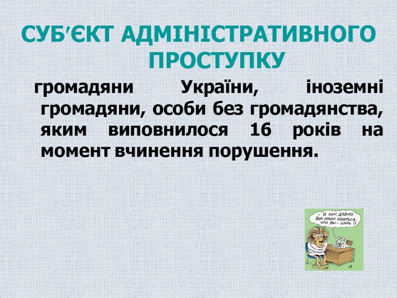 СУБЄКТ АДМІНІСТРАТИВНОГО ПРОСТУПКУ     громадяни України, іноземні громадяни, особи без громадянства,